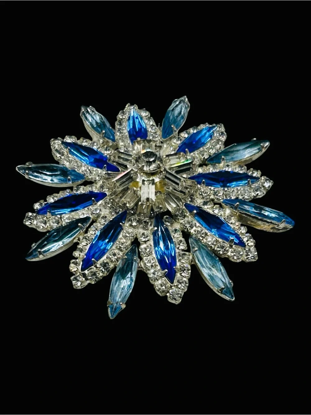 Vintage Blue Navette Rhinestone Layered Snowflake Brooch